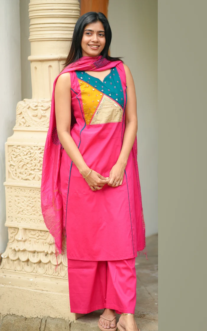 Rani Pink Geometric Embroidered Straight Salwar Set